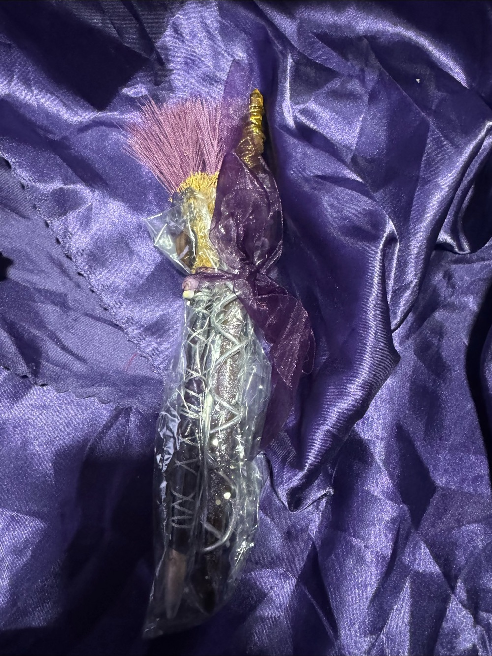 Decorative Purple Wrapped Wand and broom pen set with purple ribbon